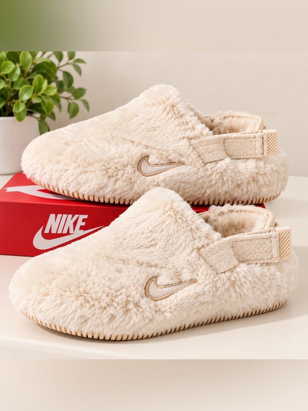 NEW Nike Cream Fuzzy Faux Fur Backstrap Clogs Slippers Women’s Size 7
